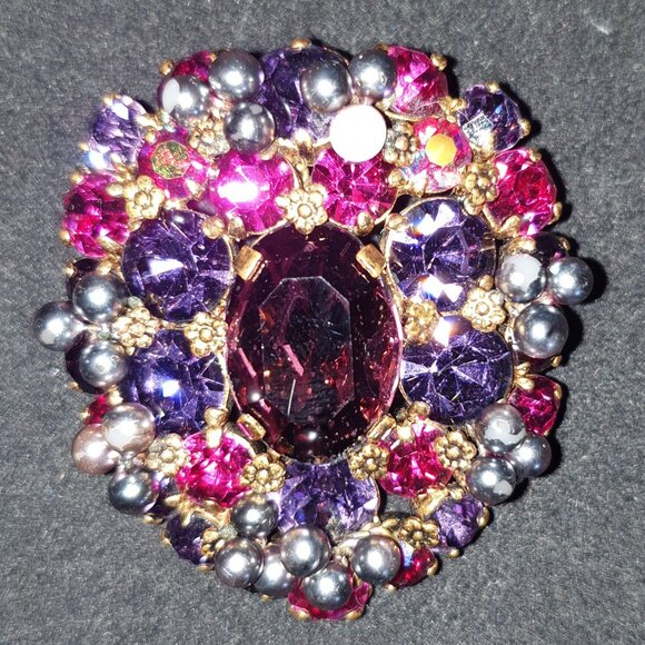 Fabulous Vintage Estate AUSTRIA Signed Purple Rhinestone Floral Brooch - Picture 1 of 11